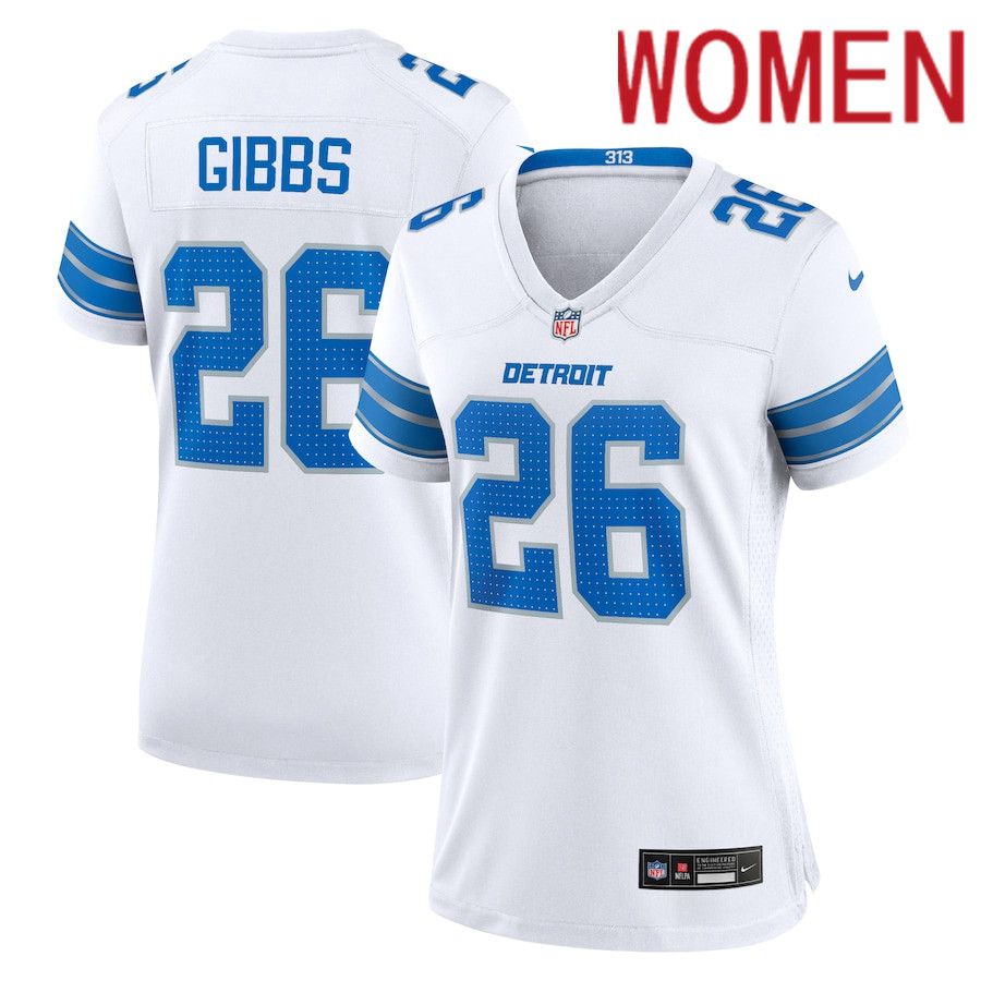 Women Detroit Lions 26 Jahmyr Gibbs Nike White Game NFL Jersey